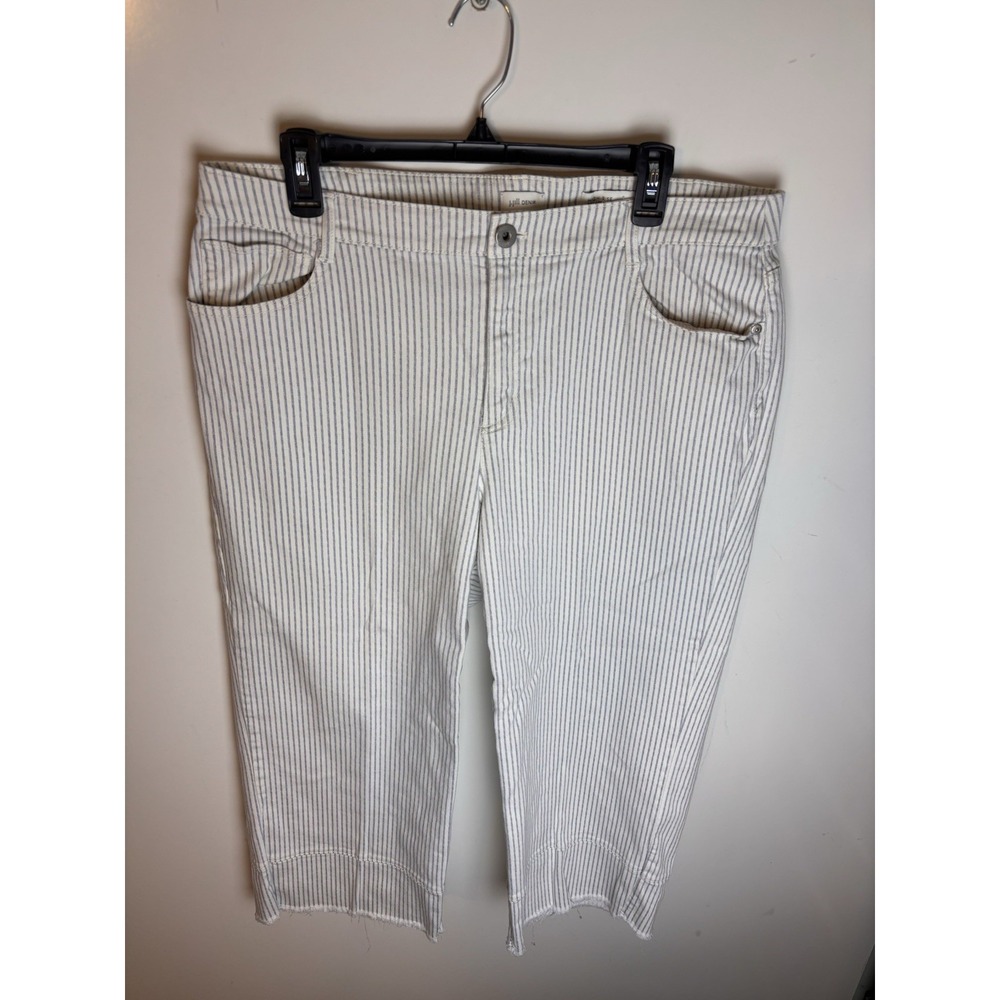 J Jill Pants Denim Full Leg Cropped High Rise Cream/Blue Stripe Sz 18 Raw Hem